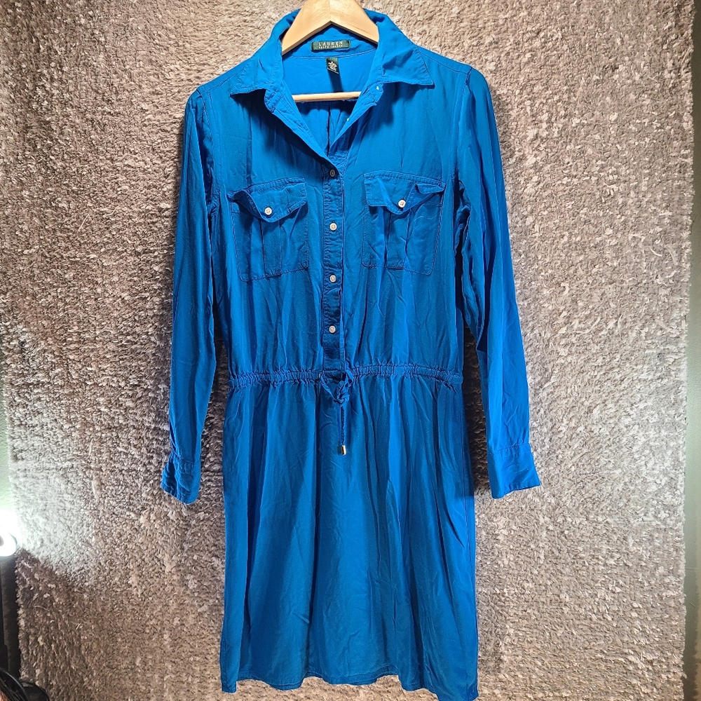 Lauren Ralph Lauren Blue Dress Waist Tie Women Size 8 Viscose Long Sleeve